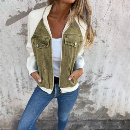 Agnes | Dame Casual Denim- og Strikket Zip-up Jakke