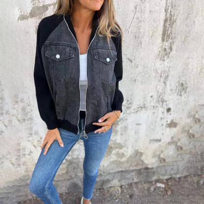Agnes | Dame Casual Denim- og Strikket Zip-up Jakke