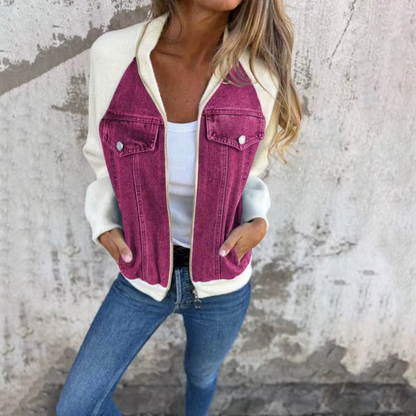 Agnes | Dame Casual Denim- og Strikket Zip-up Jakke