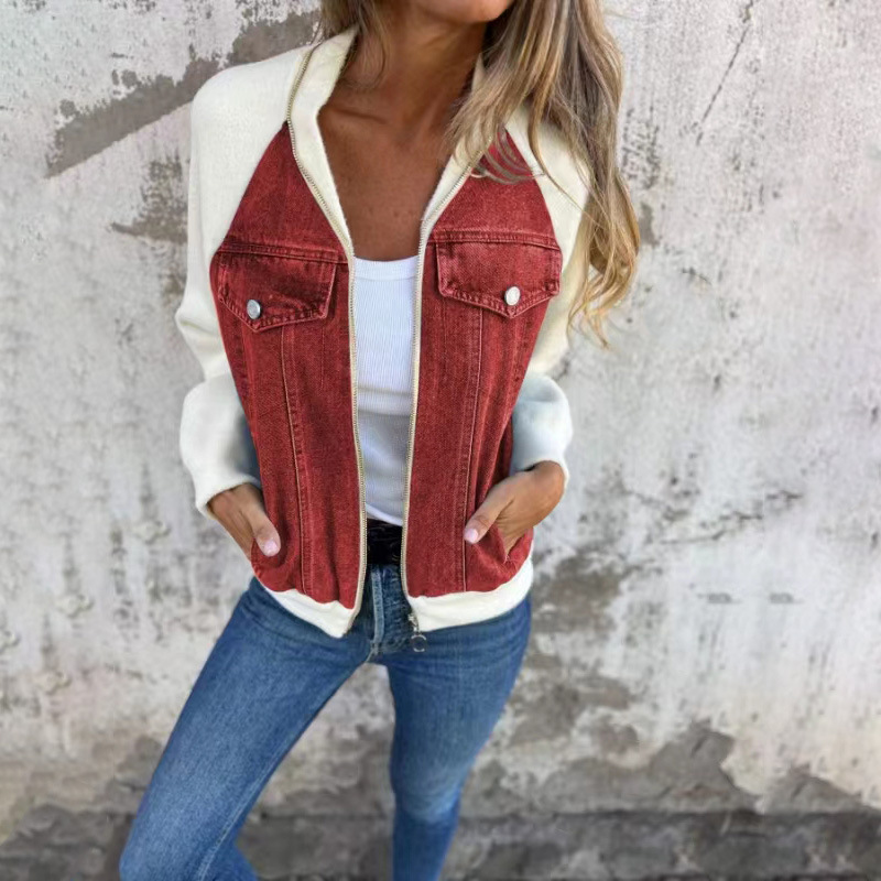 Agnes | Dame Casual Denim- og Strikket Zip-up Jakke