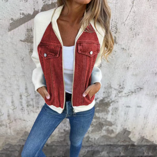 Agnes | Dame Casual Denim- og Strikket Zip-up Jakke