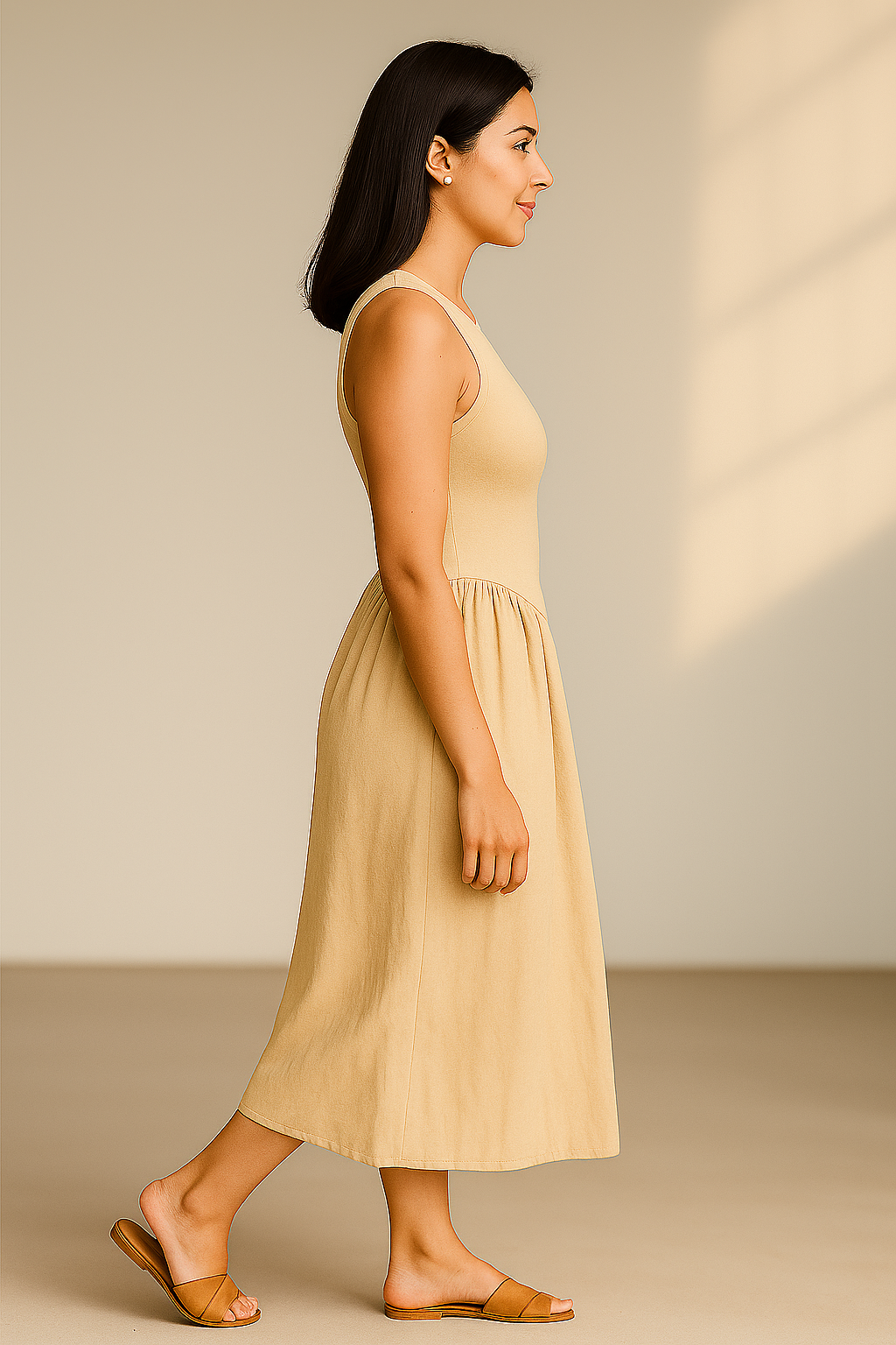 beige ærmeløs ankellang kjole med sidelommer