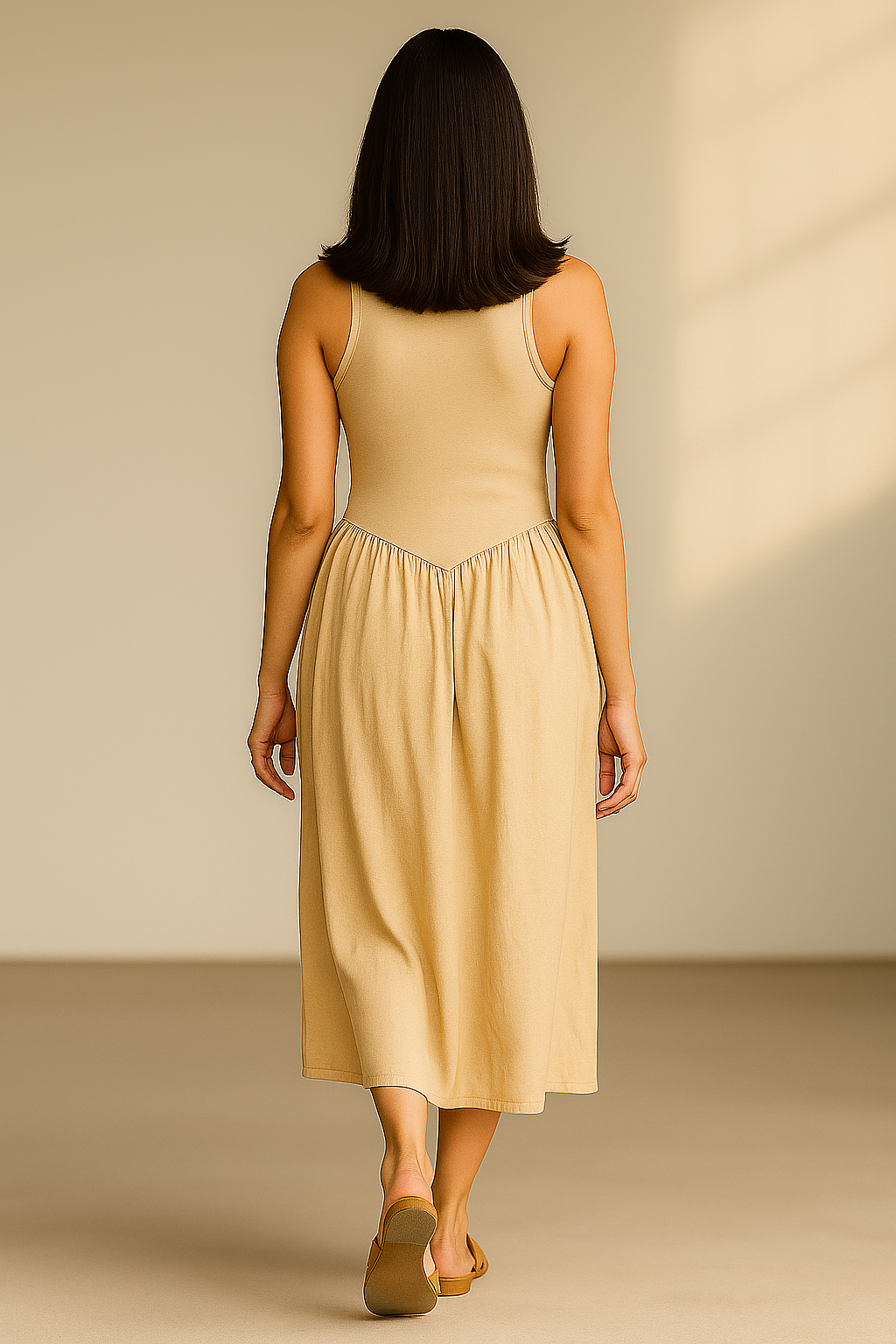 beige ærmeløs ankellang kjole med sidelommer