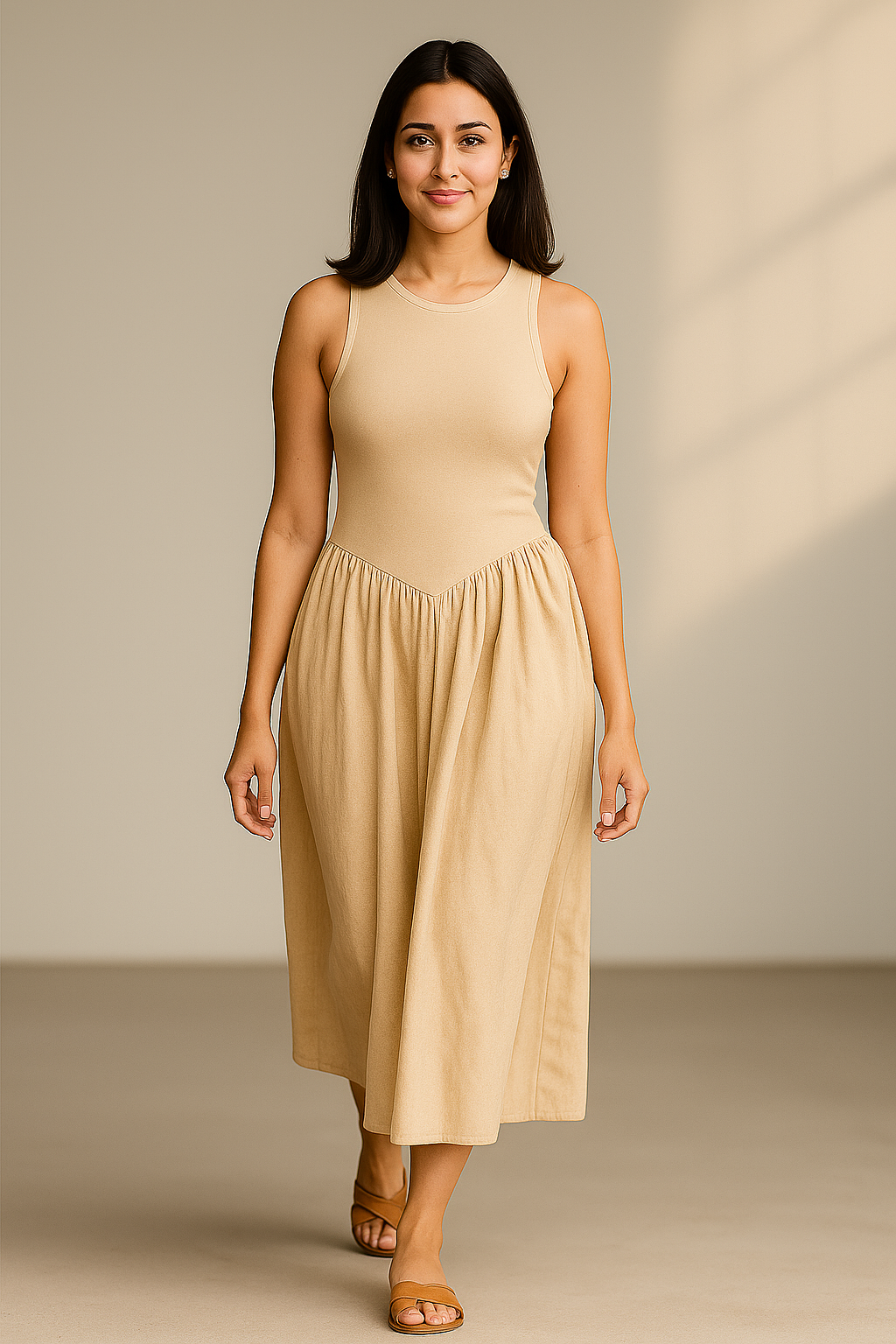 beige ærmeløs ankellang kjole med sidelommer